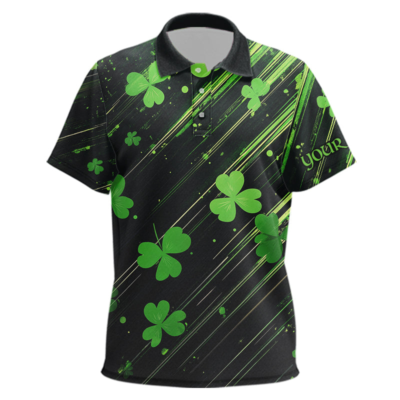 Personalized Black & Green Clover pattern golf polo shirt Custom St Patrick Day golf wear