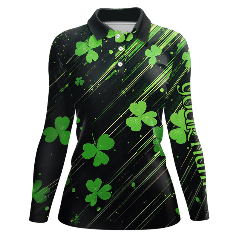 Personalized Black & Green Clover pattern golf polo shirt Custom St Patrick Day golf wear