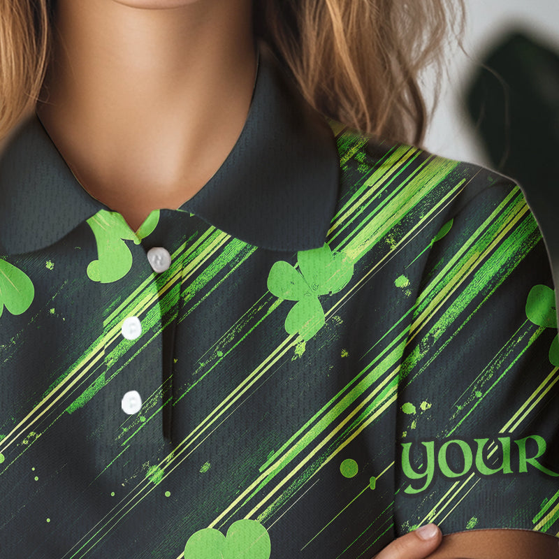 Personalized Black & Green Clover pattern golf polo shirt Custom St Patrick Day golf wear