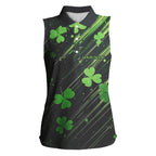 Personalized Black & Green Clover pattern sleeveless polo shirt St Patrick Day golf wear