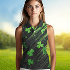 Personalized Black & Green Clover pattern sleeveless polo shirt St Patrick Day golf wear