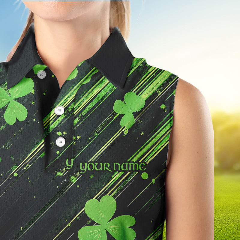 Personalized Black & Green Clover pattern sleeveless polo shirt St Patrick Day golf wear