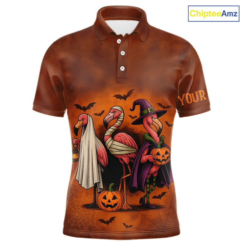 Funny Flamingo Pumpkin Golf Polo Shirt Custom Halloween Golf Tops