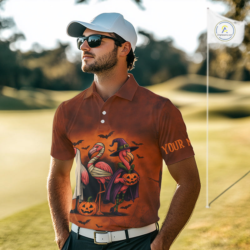 Funny Flamingo Pumpkin Golf Polo Shirt Custom Halloween Golf Tops