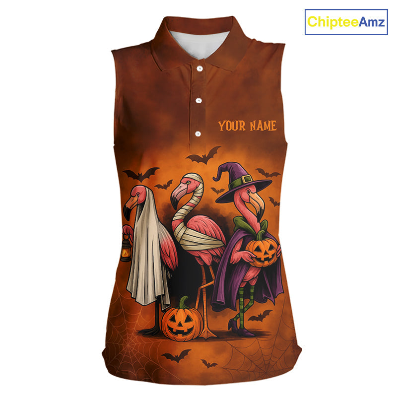 Funny Flamingo Pumpkin Sleeveless Golf Polo Shirt Custom Halloween Golf Tops