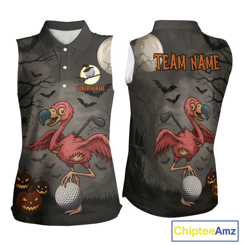 Funny Halloween Flamingo Pumpkin Sleeveless Golf Polo Shirt Custom Halloween Golf Tops