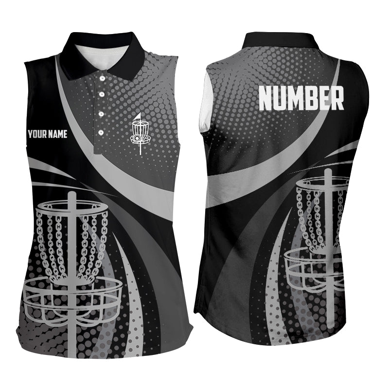 Black Grey Dot pattern disc golf basket custom sleeveless golf polo shirt, disc golf jersey