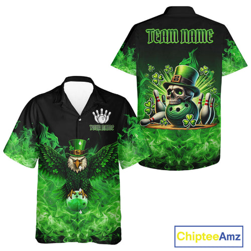 Green Flame Smoke St Patrick Day Eagle Skull Bowling Hawaiian shirt Custom Lucky Bowling Team Jersey