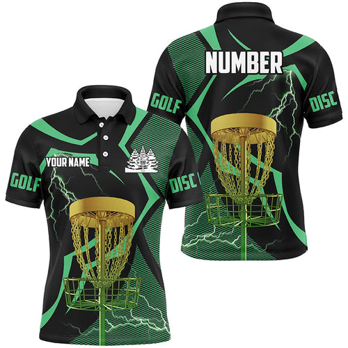 Black and green disc golf polo shirt custom lightning thunder disc golf basket, disc golf gifts