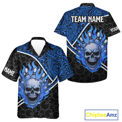 Black and Blue Flame Skull tribal pattern camo Bowling Hawaiian Shirt Custom Bowling Team Shirts