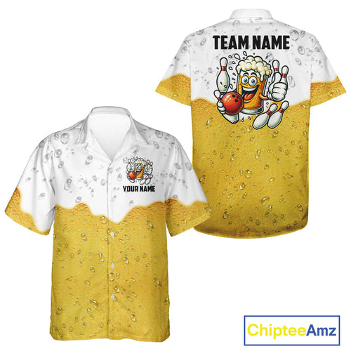 Custom White And Yellow Funny Beer Bowling Hawaiian Shirt, Beer Glass Bowling Button up shirt