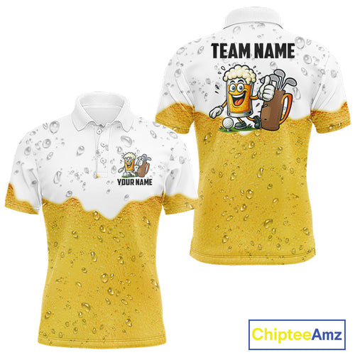 Custom White And Yellow Funny Beer Golf Polo Shirts, Funny Beer Glass Golf Outfit