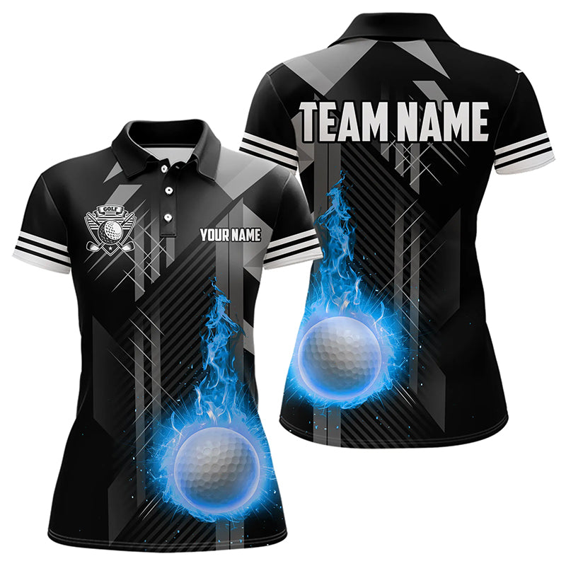 Black and White Blue Flame Golf Ball Golf Polo Shirts custom team name golf apparel
