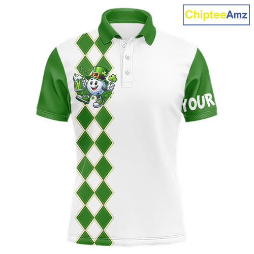 White and Green argyle pattern Golf polo shirts Custom funny St. Patrick's day golf outfit