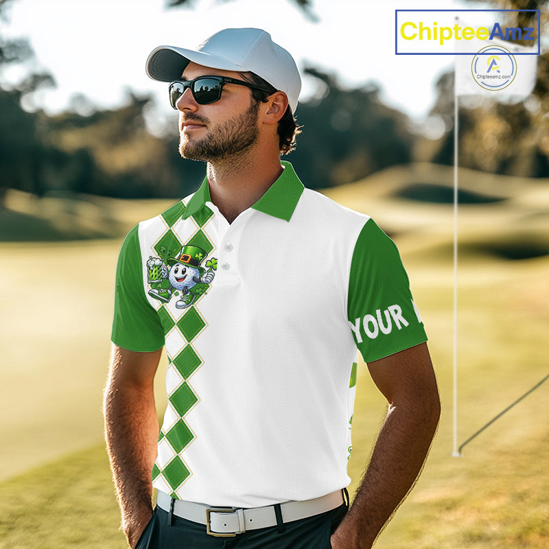 White and Green argyle pattern Golf polo shirts Custom funny St. Patrick's day golf outfit