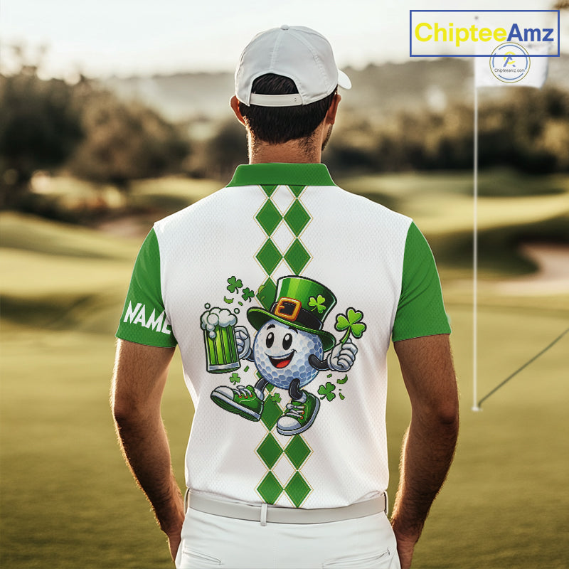 White and Green argyle pattern Golf polo shirts Custom funny St. Patrick's day golf outfit