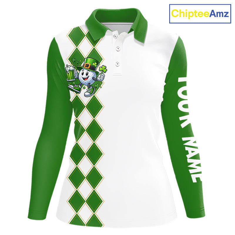 White and Green argyle pattern Golf polo shirts Custom funny St Patrick day golf outfit