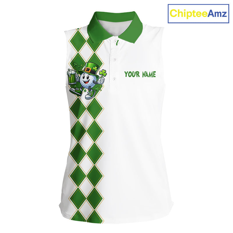 White and Green argyle pattern Sleeveless polo shirts Custom funny St Patrick day golf outfit