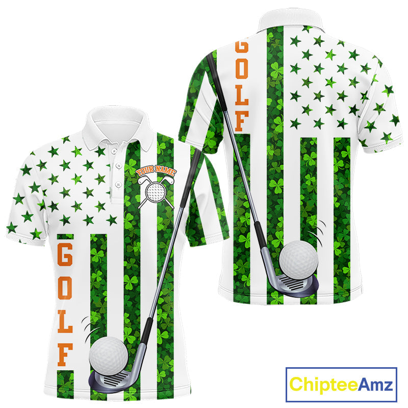 White, Green and Orange shamrock American Flag Golf polo shirts Custom St Patrick golf outfit