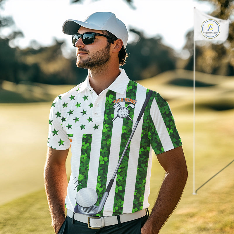 White, Green and Orange shamrock American Flag Golf polo shirts Custom St Patrick golf outfit