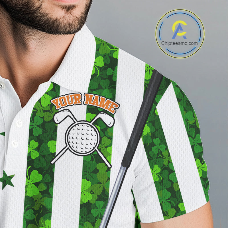 White, Green and Orange shamrock American Flag Golf polo shirts Custom St Patrick golf outfit