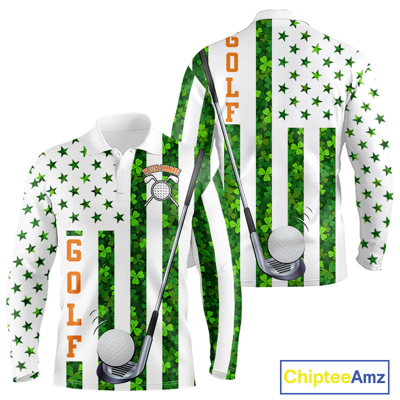 White, Green and Orange shamrock American Flag Golf polo shirts Custom St Patrick golf outfit