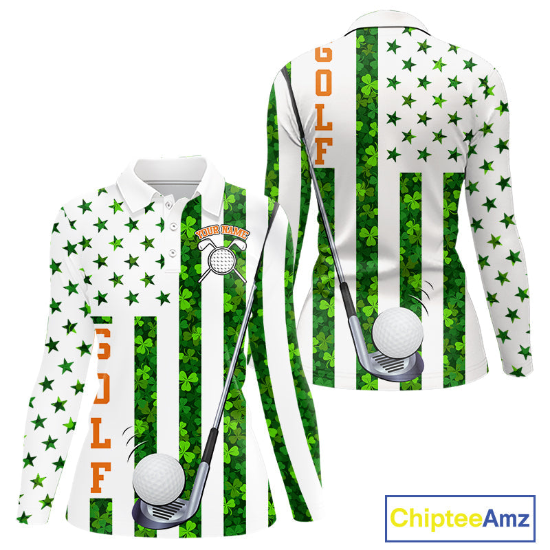 White, Green and Orange shamrock American Flag Golf polo shirts Custom St Patrick golf outfit