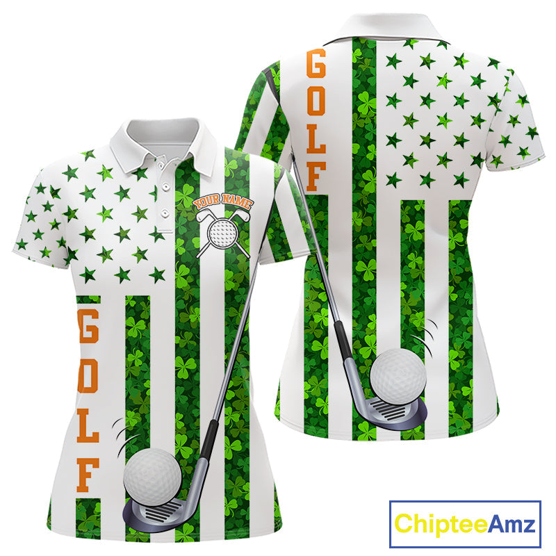 White, Green and Orange shamrock American Flag Golf polo shirts Custom St Patrick golf outfit
