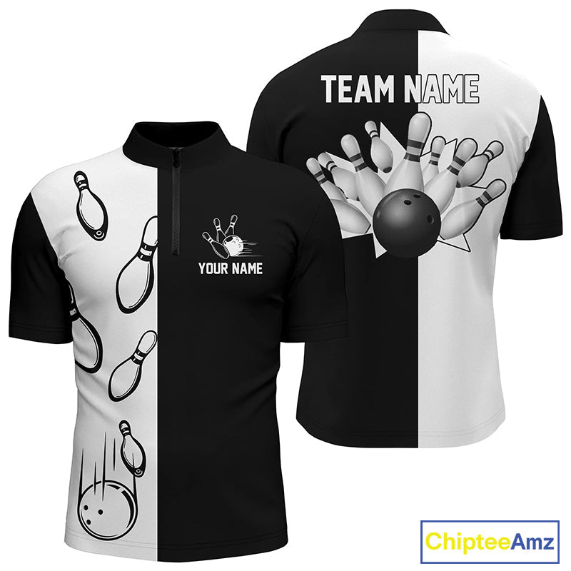 Black and white retro vintage Bowling Quarter Zip shirts custom Bowling team jerseys