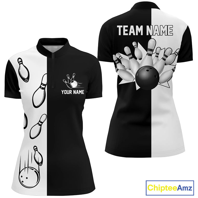 Black and white retro vintage Bowling Quarter Zip shirts custom Bowling team jerseys