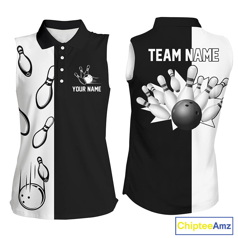 Black and white retro vintage Bowling sleeveless polo shirts custom Bowling team jerseys