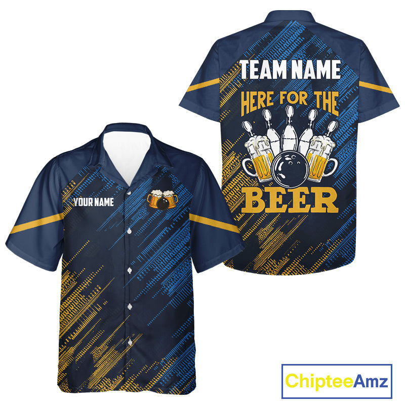 Blue and Yellow Bowling Hawaiian Shirt Custom Here For The Beer Funny Bowling Tournament Shirt
