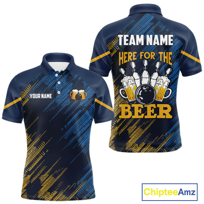 Blue and Yellow Pattern Bowling Shirt Custom Here For The Beer Funny Bowling Tournament Shirt