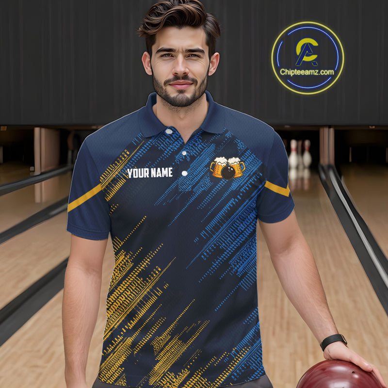 Blue and Yellow Pattern Bowling Shirt Custom Here For The Beer Funny Bowling Tournament Shirt