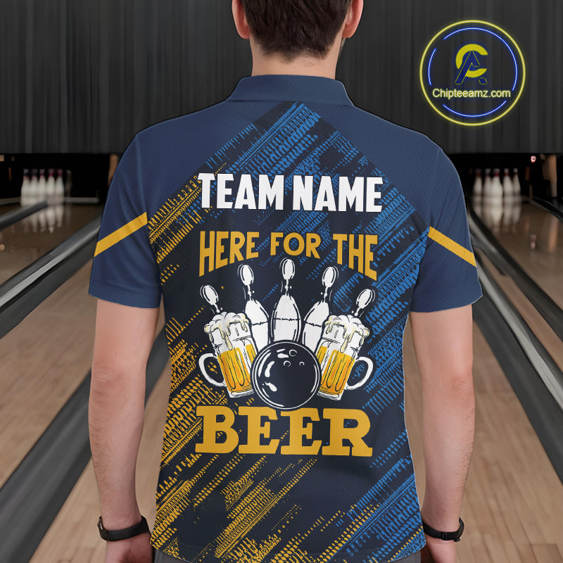 Blue and Yellow Pattern Bowling Shirt Custom Here For The Beer Funny Bowling Tournament Shirt