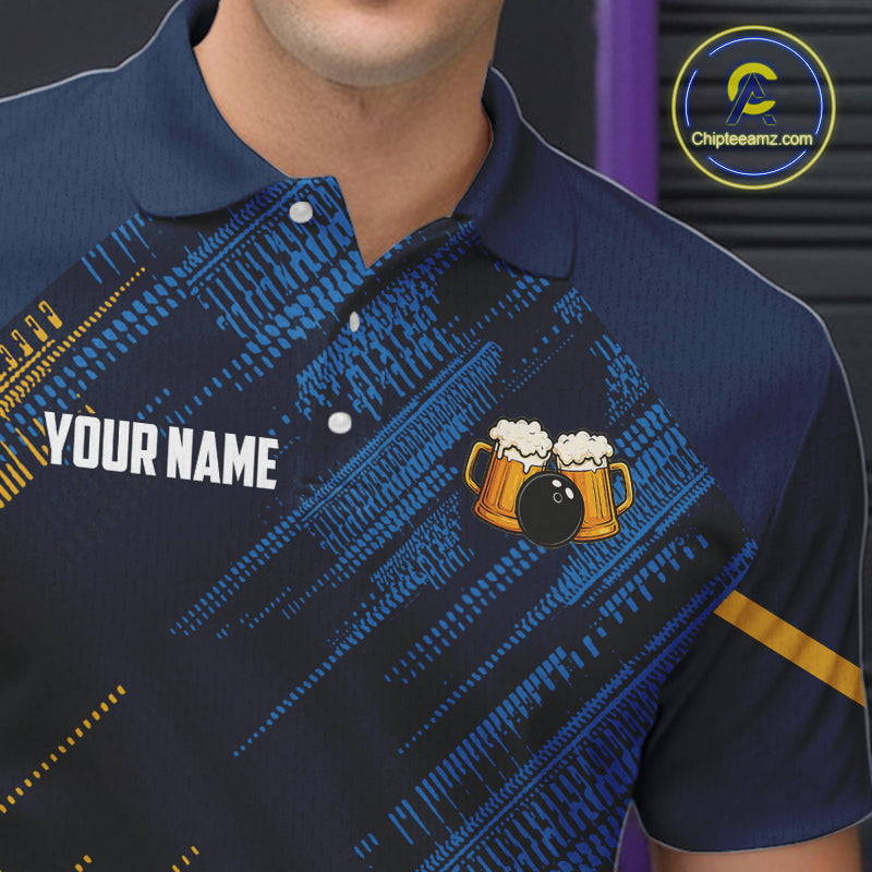 Blue and Yellow Pattern Bowling Shirt Custom Here For The Beer Funny Bowling Tournament Shirt