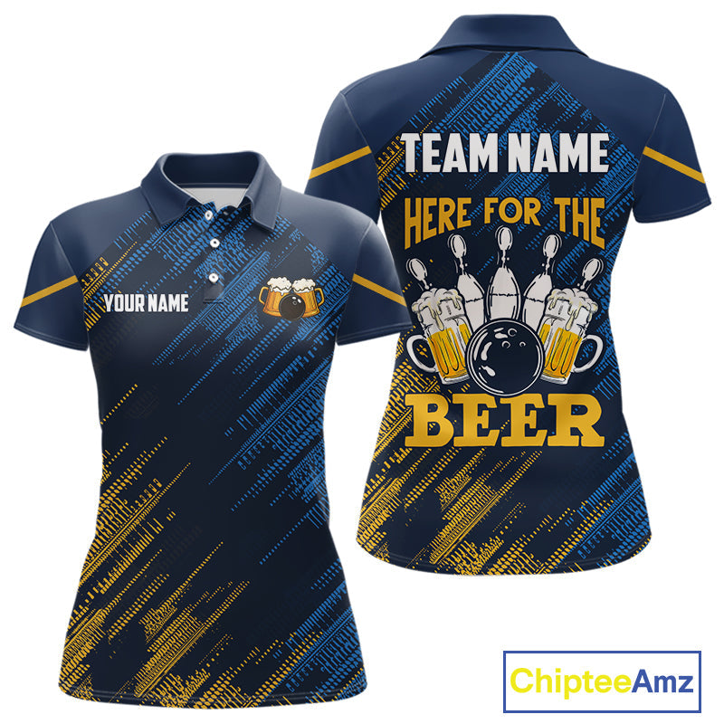 Blue and Yellow Pattern Bowling Shirt Custom Here For The Beer Funny Bowling Tournament Shirt