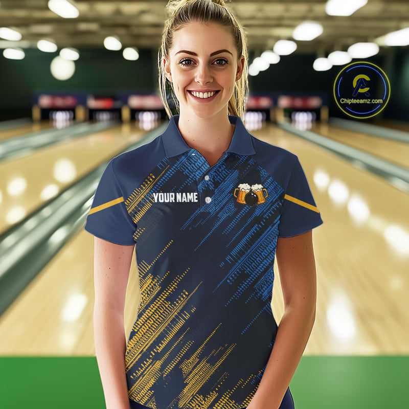 Blue and Yellow Pattern Bowling Shirt Custom Here For The Beer Funny Bowling Tournament Shirt