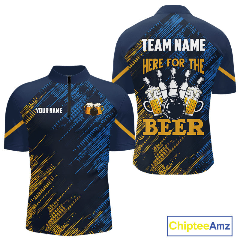 Blue and Yellow Pattern Bowling Shirt Custom Here For The Beer Funny Bowling Tournament Shirt