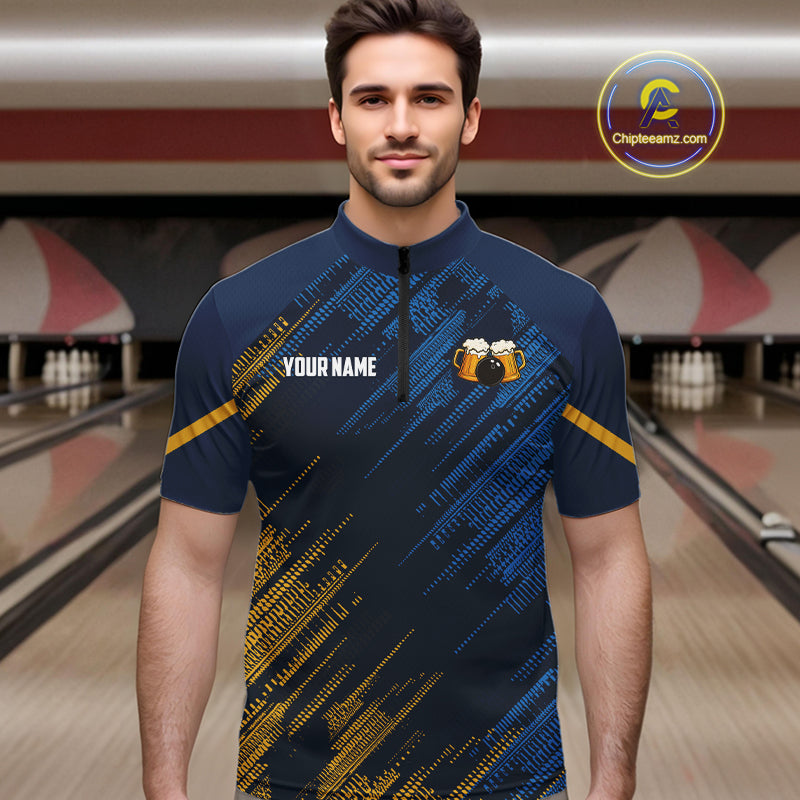 Blue and Yellow Pattern Bowling Shirt Custom Here For The Beer Funny Bowling Tournament Shirt