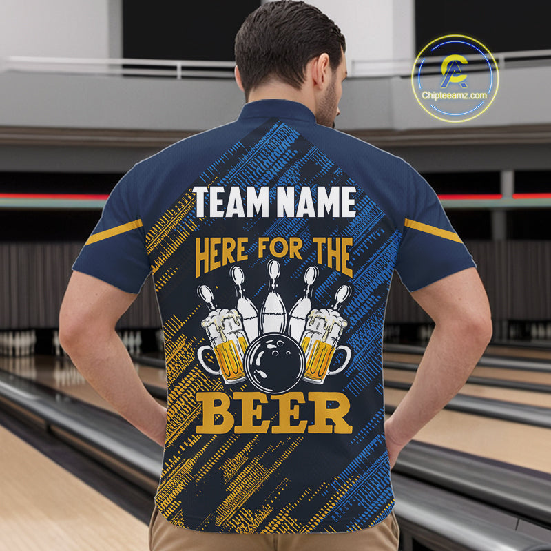 Blue and Yellow Pattern Bowling Shirt Custom Here For The Beer Funny Bowling Tournament Shirt