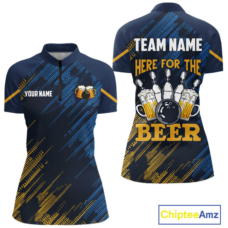 Blue and Yellow Pattern Bowling Shirt Custom Here For The Beer Funny Bowling Tournament Shirt