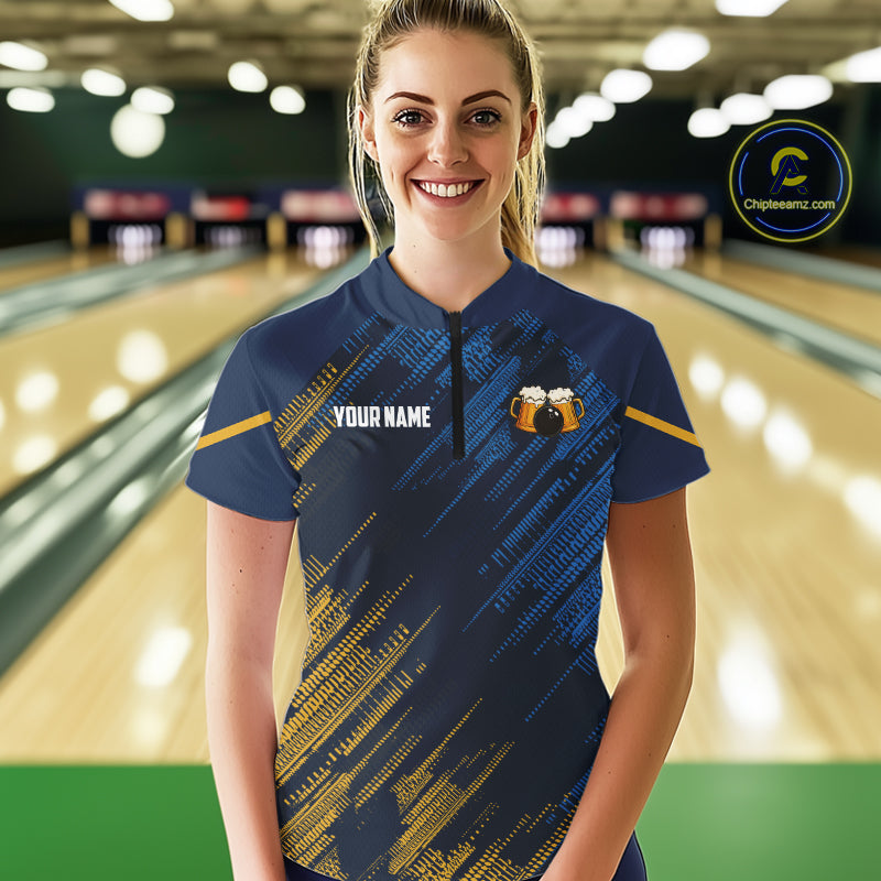 Blue and Yellow Pattern Bowling Shirt Custom Here For The Beer Funny Bowling Tournament Shirt