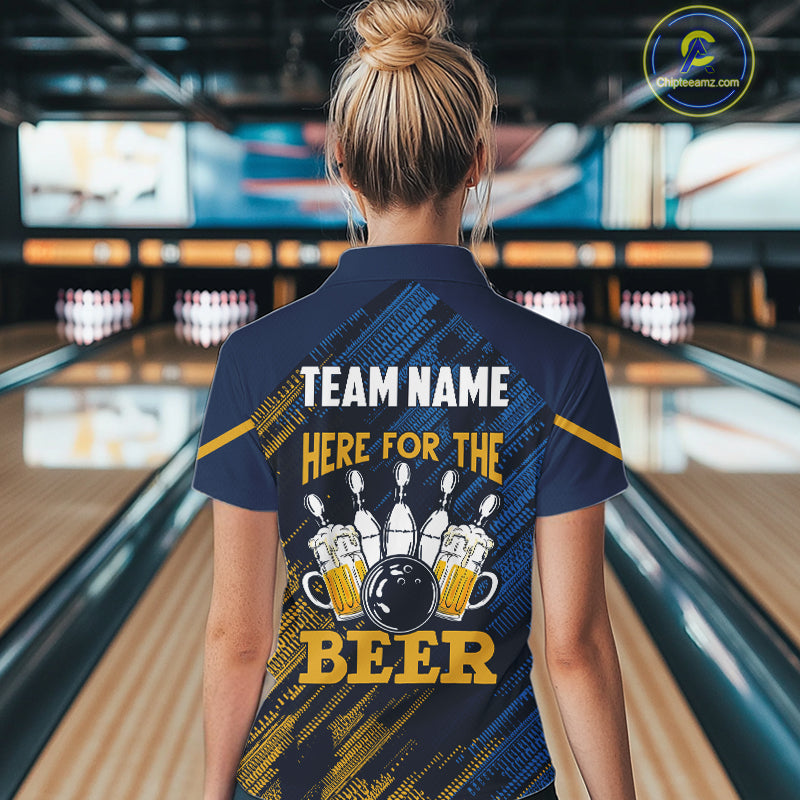 Blue and Yellow Pattern Bowling Shirt Custom Here For The Beer Funny Bowling Tournament Shirt