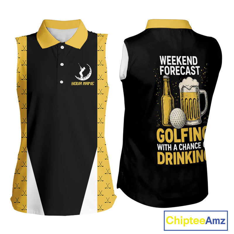 Funny Golf beer Sleeveless Polo shirt custom Weekend forecast golfing with a chance of drinking
