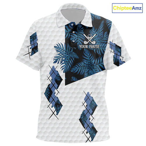 Blue tropical argyle pattern white golf polos shirts custom golf top, best golf gift