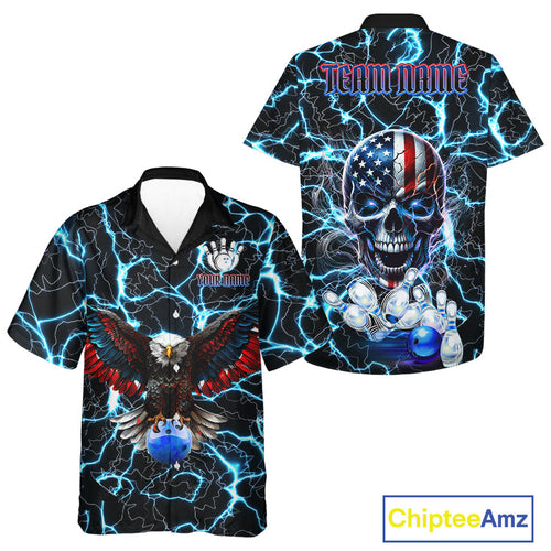 American Flag Eagle Skull Blue Lightning Thunder Bowling Hawaiian shirt Custom Bowling Team Jersey