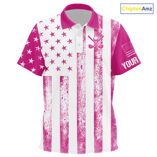 Personalized Pink & White American Flag Retro golf polo shirt Custom Patriotic golf top