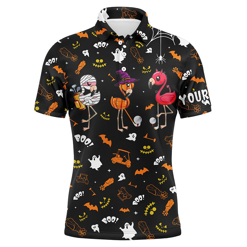 Funny golf polo shirt orange black Halloween background custom name Flamingo golf friends