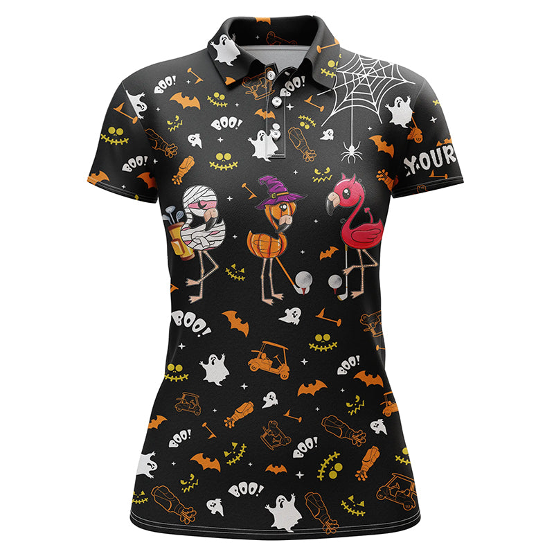 Funny golf polo shirt orange black Halloween background custom name Flamingo golf friends